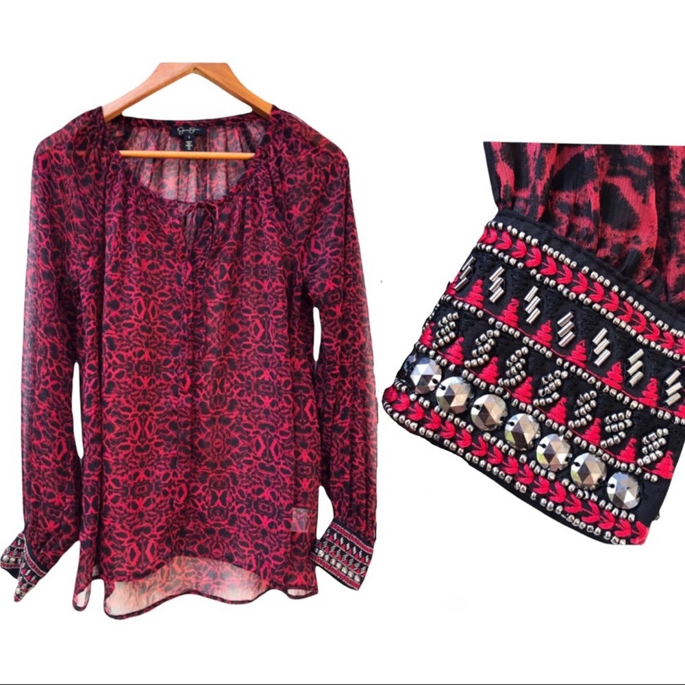 Jessica Simpson Women's Chime Top Blouse peasant Red Cosmo Small embellished.
